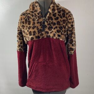 Animal Print & Burgundy Hoodie Fuzzy Soft & Comfy Women Size M Zipper Front